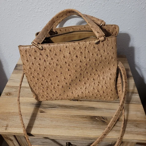 Ostrich Bow Faux Leather 3 Compartment Satchel - Camel - Picture 4 of 13